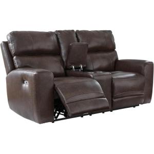 Signature Design by Ashley Side Step Modern Leather Match Power Reclining Loveseat with Console, Adjustable Headrest, USB Ports and 2 Cup Holders, Dark Brown