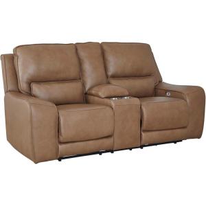 Signature Design by Ashley Spear Hill Contemporary Leather Match Power Reclining Loveseat with Console, Adjustable Headrest, USB Ports and 2 Cup Holders, Light Brown