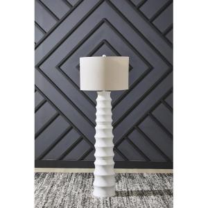 Signature Design by Ashley Veraleigh Floor Lamp with 3-Way Switch, Scalloped Design, Drum Hardback Fabric Shade, Polyresin, 23″ W x 23″ D x 66″ H, White