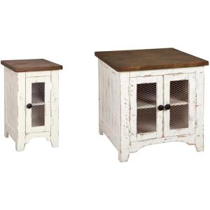 Signature Design by Ashley Wystfield Farmhouse Chair Side End Table with Cabinet Door for Storage, White & Brown with Distressed Finish and Signature Design by Ashley Wystfield Farmhouse End Table with Storage, Distressed White & Brown Finish(White)