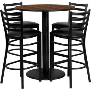 Flash Furniture 36” Round Walnut Laminate Table Set with 4 Ladder Back Metal Barstools – Black Vinyl Seat