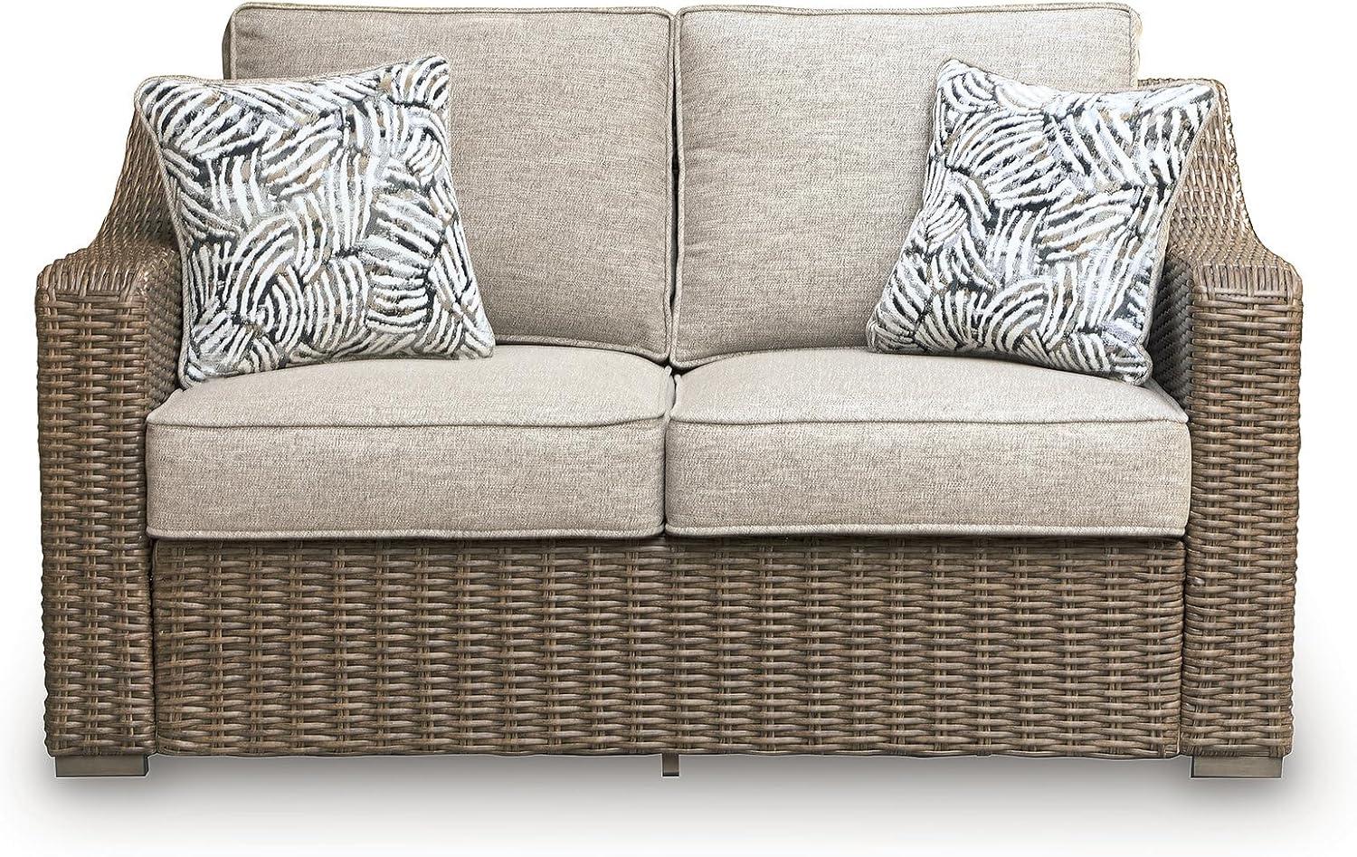 imageSignature Design by Ashley Carmel Bay Casual Outdoor Loveseat with Cushion Weather Resistance and Armrest Beige amp Dark Brown