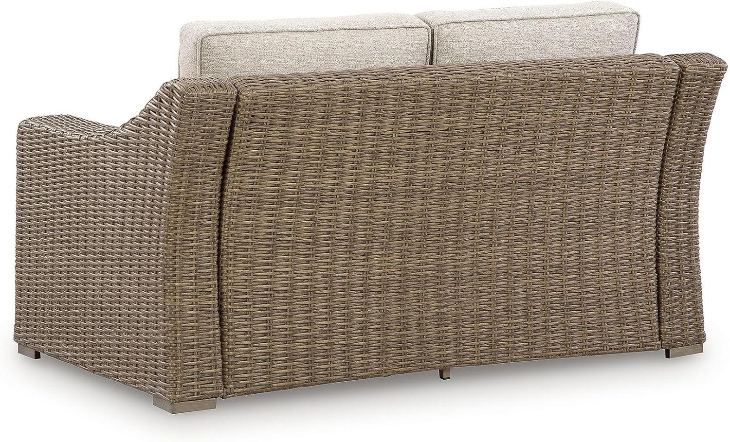 imageSignature Design by Ashley Carmel Bay Casual Outdoor Loveseat with Cushion Weather Resistance and Armrest Beige amp Dark Brown