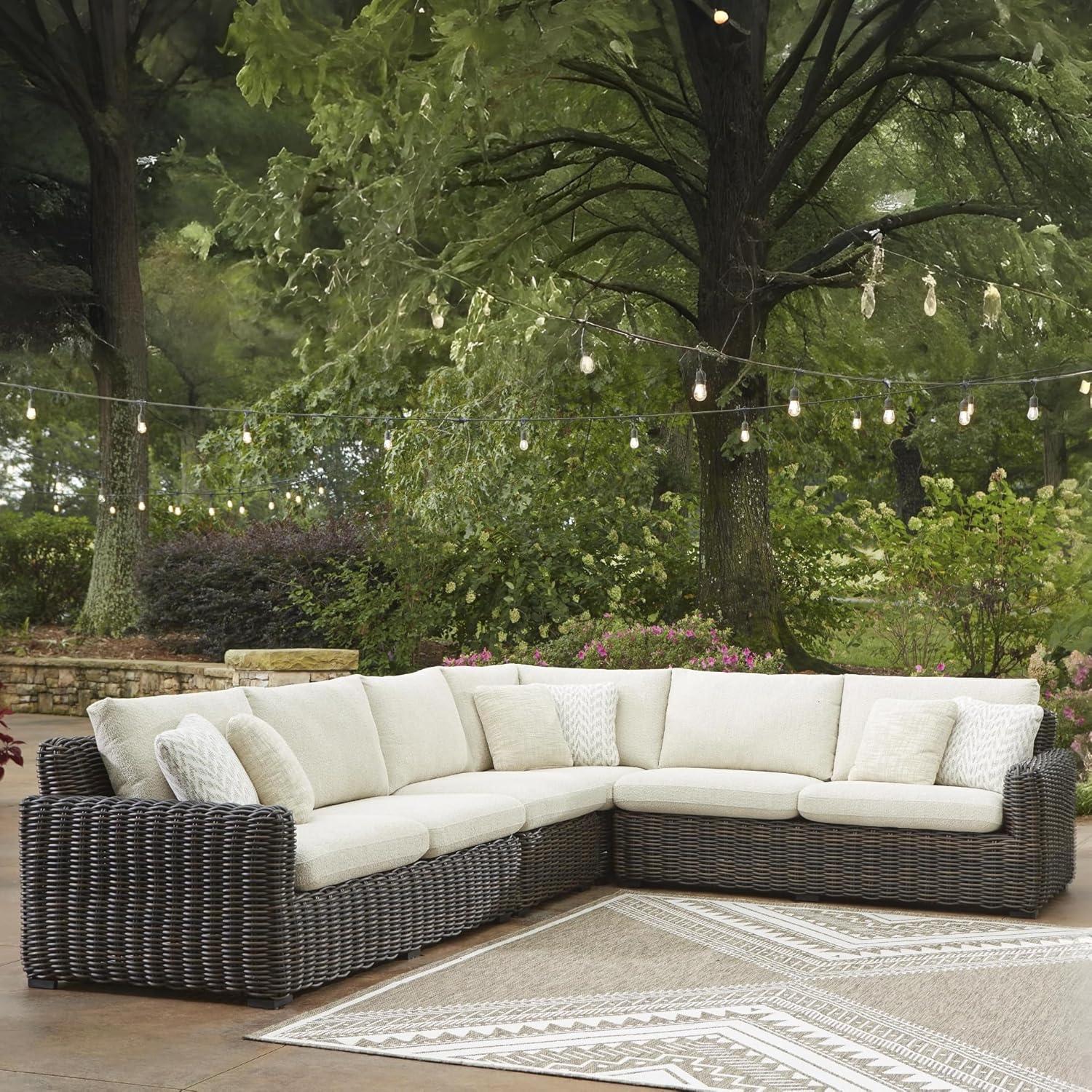imageSignature Design by Ashley Kimora RightArm Facing Contemporary 4Piece Outdoor Sectional with Cushion and 6 Throw Pillows White4Piece Outdoor Sectional