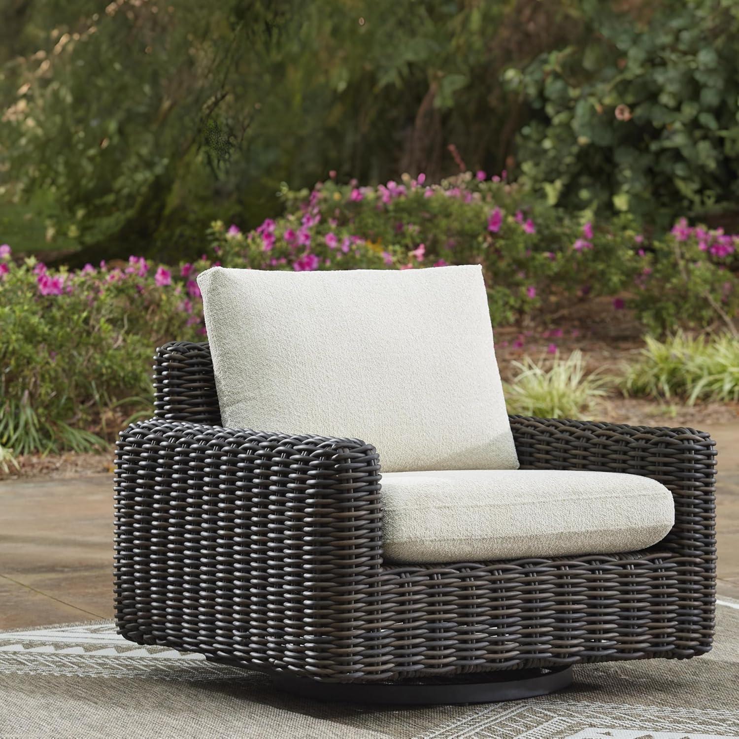 imageSignature Design by Ashley Kimora RightArm Facing Contemporary 4Piece Outdoor Sectional with Cushion and 6 Throw Pillows WhiteKimora Swivel Glider Lounge wCushion