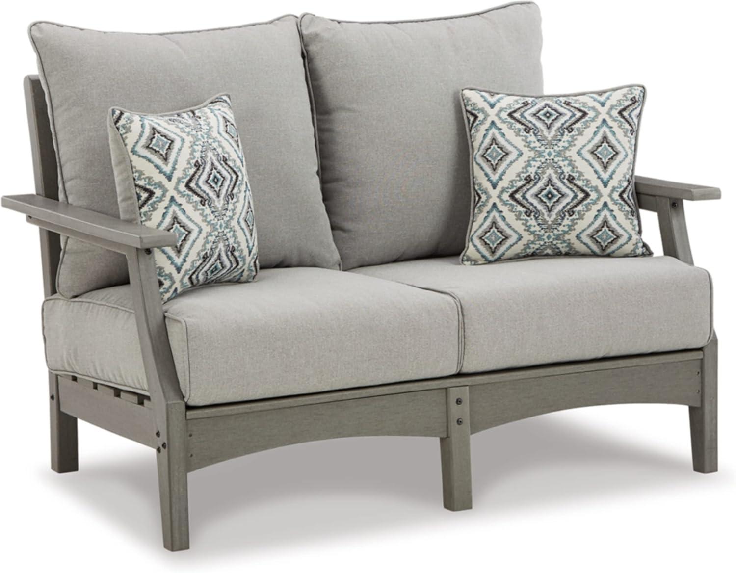 imageSignature Design by Ashley Outdoor Visola Patio HDPE Loveseat Cocktail Table and Throw Pillows Gray