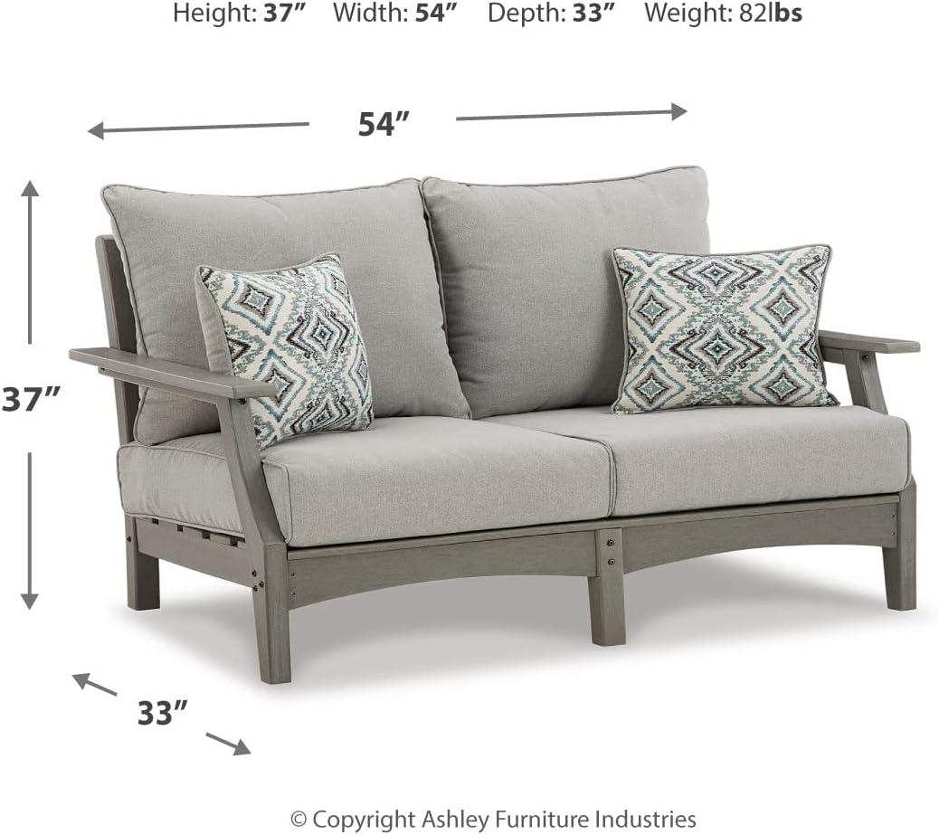 imageSignature Design by Ashley Outdoor Visola Patio HDPE Loveseat Cocktail Table and Throw Pillows Gray