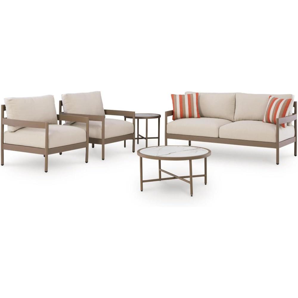 imageSignature Design by Ashley Big Creek Cove Contemporary Outdoor LoveseatChairsTables Set with Cushion and 2 Throw Pillows Set of 5 Beige