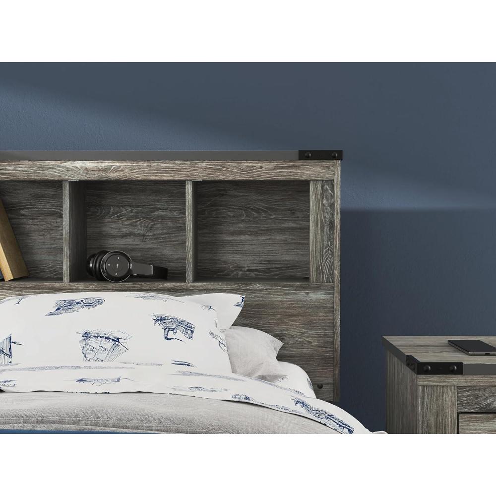imageSignature Design by Ashley Frandern MidCentury Modern Bookcase Headboard with Storage and Nailhead Twin Gray
