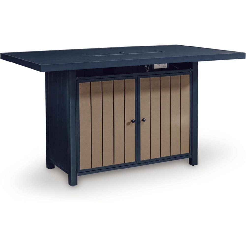 imageSignature Design by Ashley Mabry Shores Coastal MEGATUFF HDPE amp Nuvella Weather Resistant Outdoor Loveseat with Cushion and 2 Accent Pillows Blue amp BeigeOutdoor Bar Table with Fire Pit