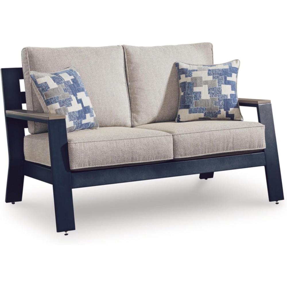 imageSignature Design by Ashley Mabry Shores Coastal MEGATUFF HDPE amp Nuvella Weather Resistant Outdoor Loveseat with Cushion and 2 Accent Pillows Blue amp BeigeOutdoor Loveseat with Cushion