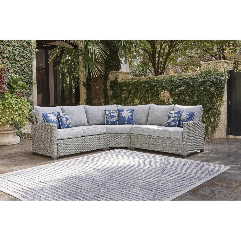imageSignature Design by Ashley Naples Beach Curved Coastal 3Piece Outdoor Sectional with Cushion and 6 Throw Pillows Light Gray3Piece Outdoor Sectional