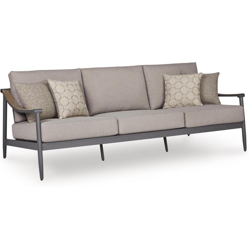 imageSignature Design by Ashley North Island Modern Nuvella Weather Resistant Outdoor Sofa with Cushion Sloped Arms and 4 Accent Pillows Gray