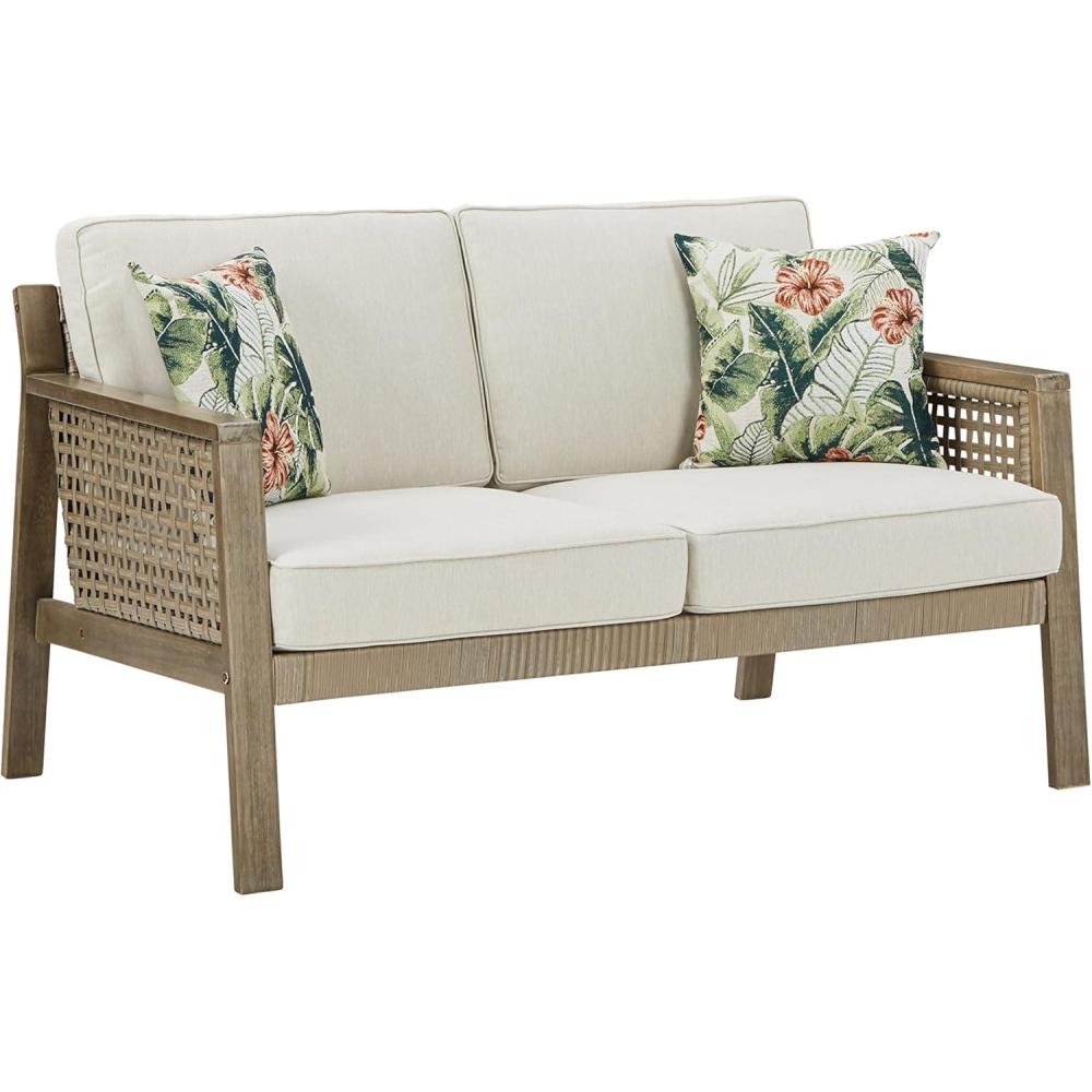 imageSignature Design by Ashley Outdoor Barn Cove Wicker Loveseat with Cushion BrownTan