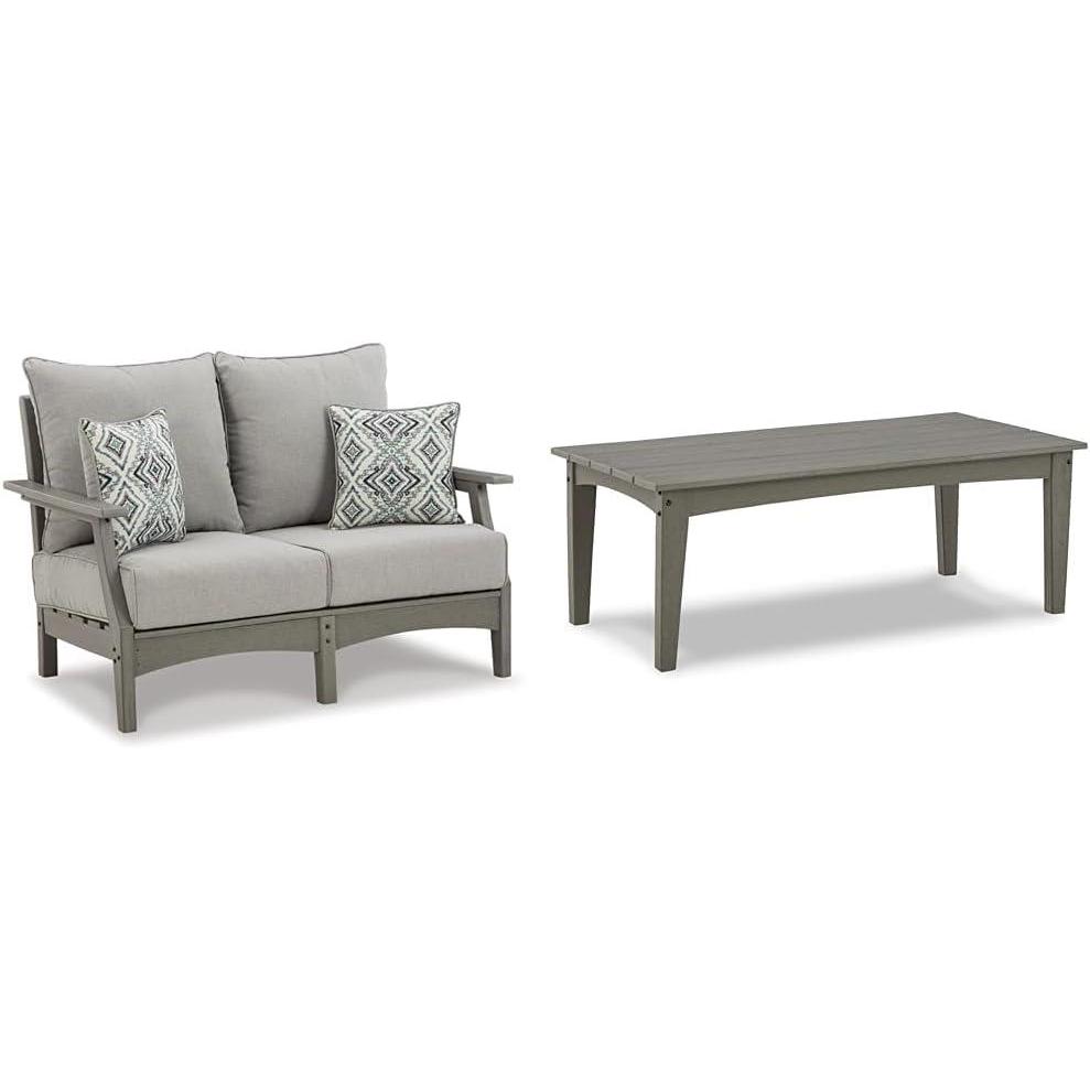 imageSignature Design by Ashley Outdoor Visola Patio HDPE Loveseat Cocktail Table and Throw Pillows Gray