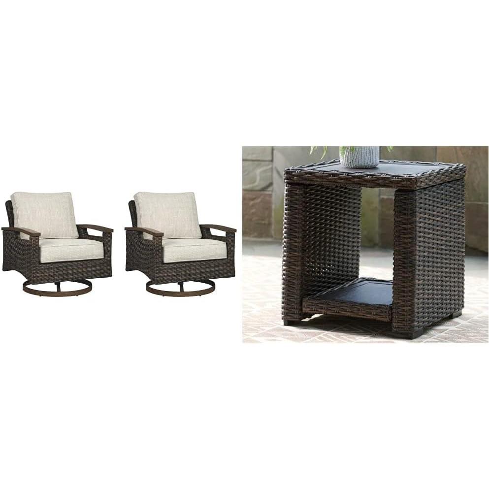 imageSignature Design by Ashley Paradise Trail Outdoor Swivel Upholstered Lounge Chair Set 2 Count Beige amp Grasson Lane Outdoor Rattan Square End Table with Storage BrownSwivel Lounge Chairs