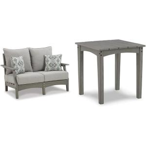 Ashley Outdoor Visola Patio HDPE Loveseat with Throw Pillows & End Table, Gray
