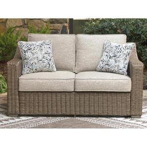 Signature Design by Ashley Carmel Bay Casual Outdoor Loveseat with Cushion, Weather Resistance and Armrest, Beige & Dark Brown