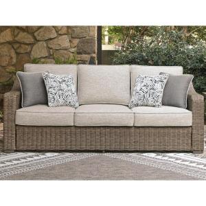 Signature Design by Ashley Carmel Bay Casual Outdoor Sofa with Cushion, Weather Resistance and Armrest, Beige & Dark Brown