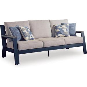 Signature Design by Ashley Mabry Shores Coastal MEGA-TUFF HDPE & Nuvella Weather Resistant Outdoor Loveseat with Cushion and 2 Accent Pillows, Blue & Beige(Outdoor Sofa with Cushion)