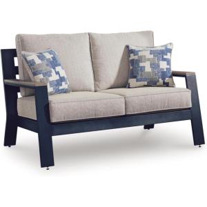 Signature Design by Ashley Mabry Shores Coastal MEGA-TUFF HDPE & Nuvella Weather Resistant Outdoor Loveseat with Cushion and 2 Accent Pillows, Blue & Beige(Outdoor Loveseat with Cushion)