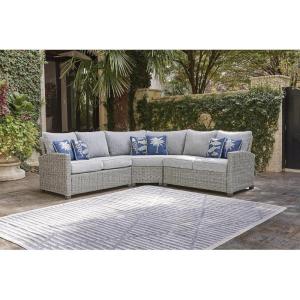 Signature Design by Ashley Naples Beach Curved Coastal 3-Piece Outdoor Sectional with Cushion and 6 Throw Pillows, Light Gray(3-Piece Outdoor Sectional)