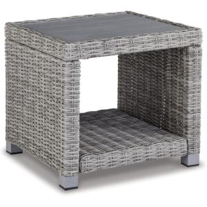 Signature Design by Ashley Naples Beach Curved Coastal 3-Piece Outdoor Sectional with Cushion and 6 Throw Pillows, Light Gray(End Table)