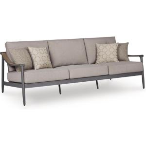 Signature Design by Ashley North Island Modern Nuvella Weather Resistant Outdoor Sofa with Cushion, Sloped Arms and 4 Accent Pillows, Gray