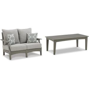 Signature Design by Ashley Outdoor Visola Patio HDPE Loveseat, Cocktail Table and Throw Pillows, Gray