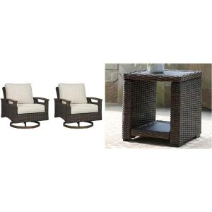 Signature Design by Ashley Paradise Trail Outdoor Swivel Upholstered Lounge Chair Set, 2 Count, Beige & Grasson Lane Outdoor Rattan Square End Table with Storage, Brown(Swivel Lounge Chairs)