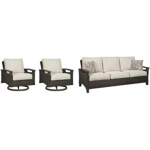 Signature Design by Ashley Paradise Trail Outdoor Swivel Upholstered Lounge Chair Set (2 Count) and Sofa with Cushion and 2 Pillows, Brown & Beige