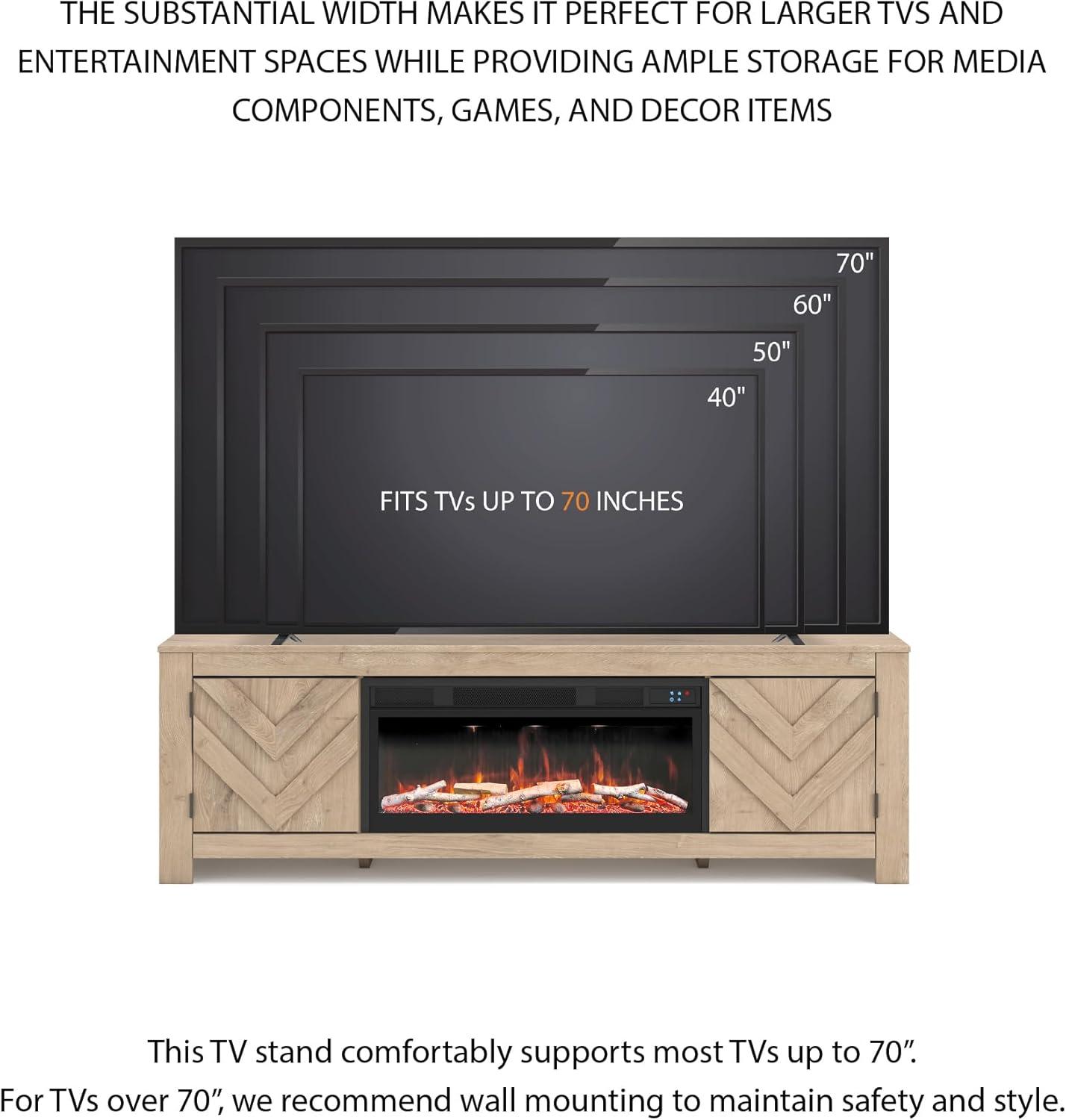imageSignature Design by Ashley Cayboni Casual 71 TV Stand with Electric Fireplace for TVs up to 81 WhitewashLight Brown