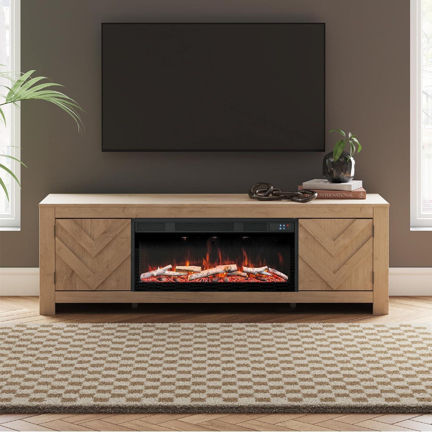 imageSignature Design by Ashley Cayboni Casual 71 TV Stand with Electric Fireplace for TVs up to 81 WhitewashLight Brown