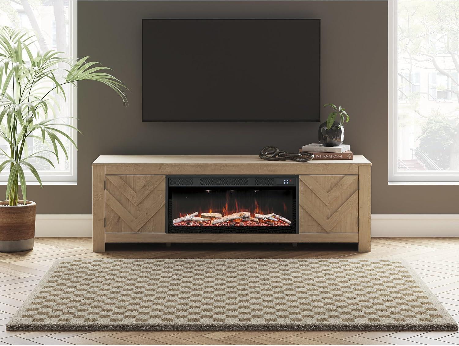 imageSignature Design by Ashley Cayboni Casual 71 TV Stand with Electric Fireplace for TVs up to 81 WhitewashLight Brown