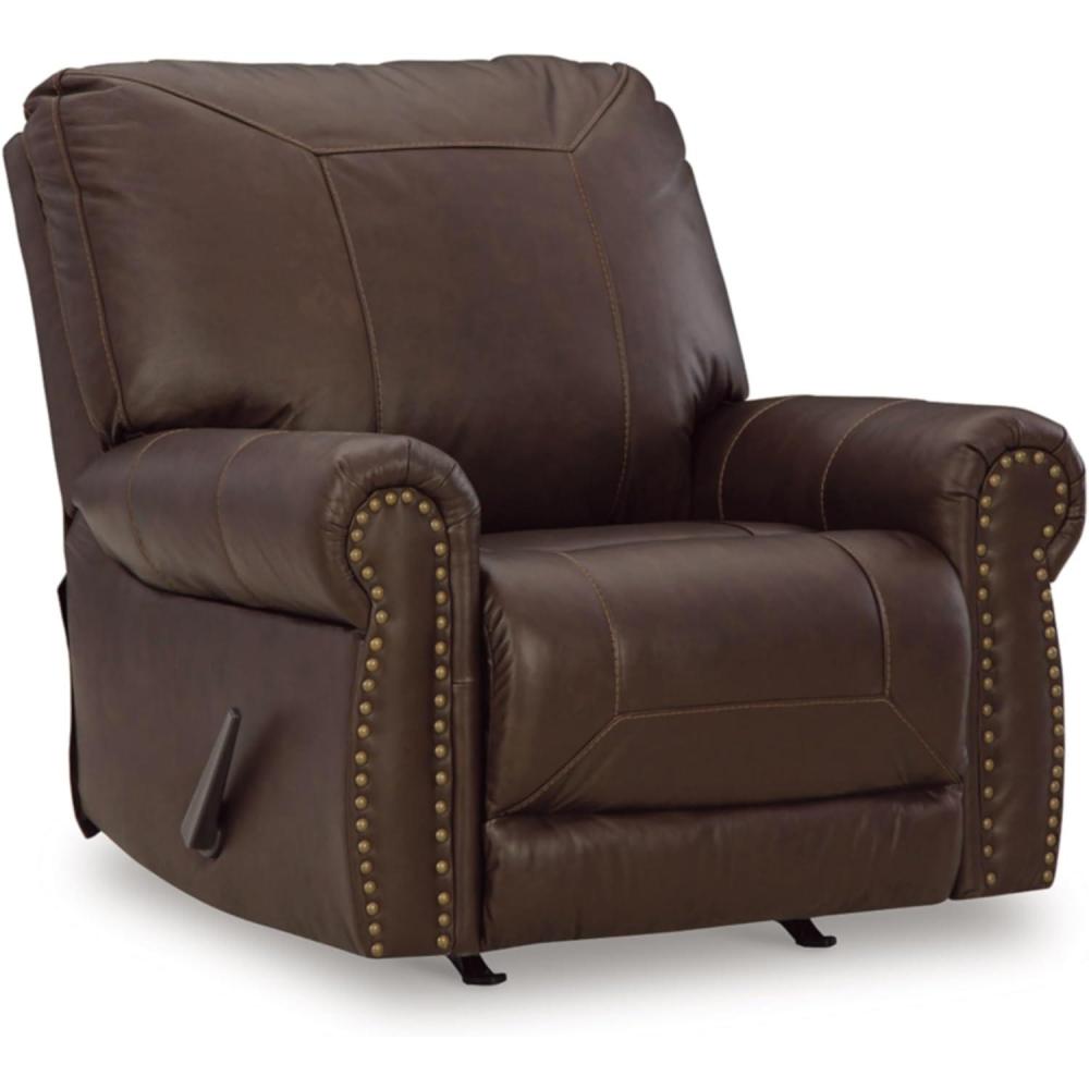 imageSignature Design by Ashley Colleton Classic Leather Match Upholstered Manual Recliner with Nailheads Dark Brown