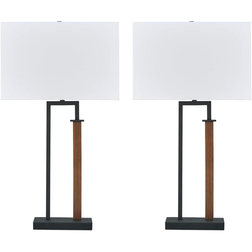 imageSignature Design by Ashley Voslen Minimalist Metal and Wood Table Lamp with 3Way Switch Set of 2 Black amp Light Brown