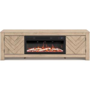 Signature Design by Ashley Cayboni Casual 71″ TV Stand with Electric Fireplace for TVs up to 81″, Whitewash(Light Brown)