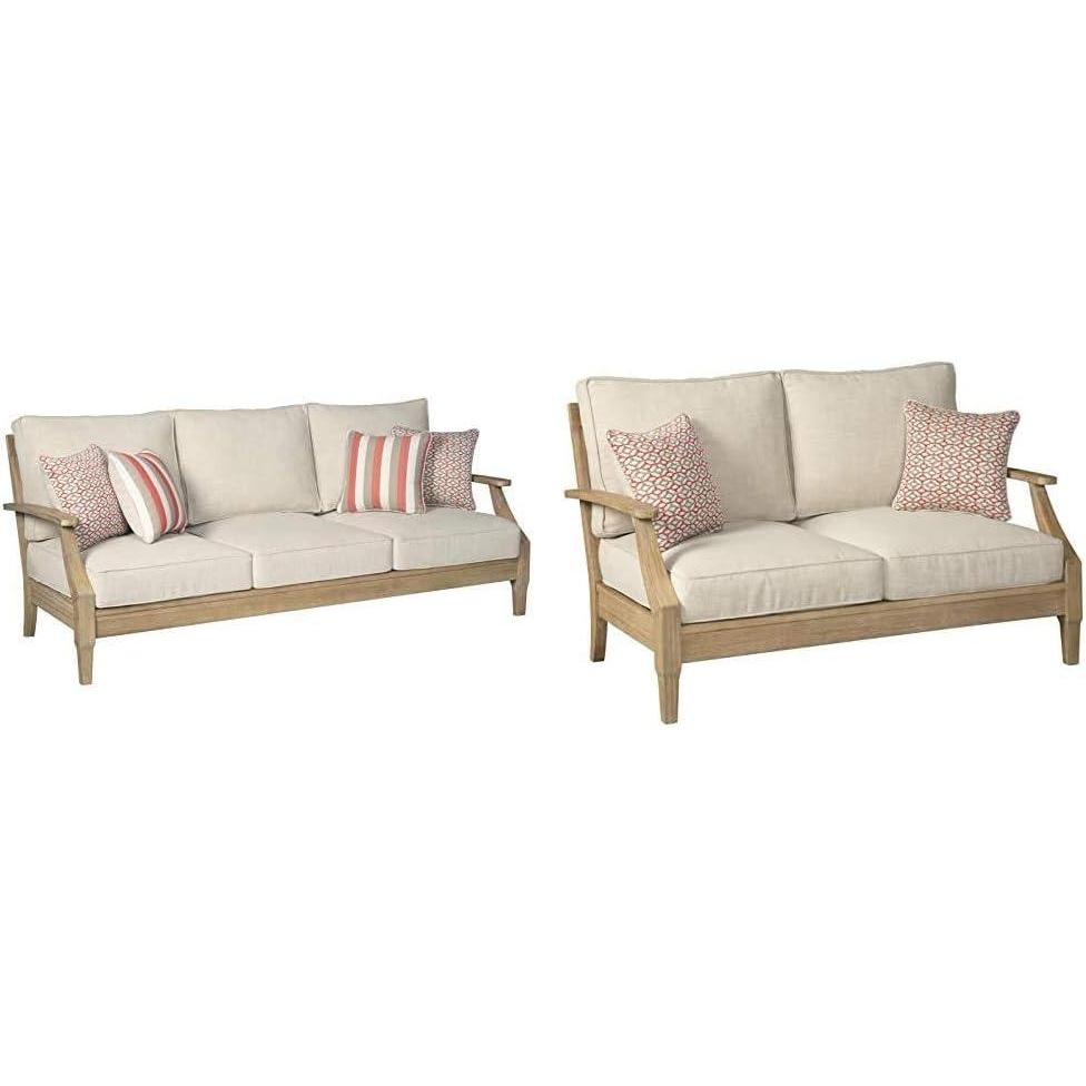 imageSignature Design by Ashley Clare View Coastal Outdoor Patio Eucalyptus Sofa  Loveseat with Cushions BeigeSofa