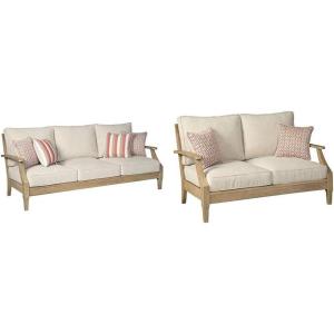 Signature Design by Ashley Clare View Coastal Outdoor Patio Eucalyptus Sofa + Loveseat with Cushions, Beige(Sofa)