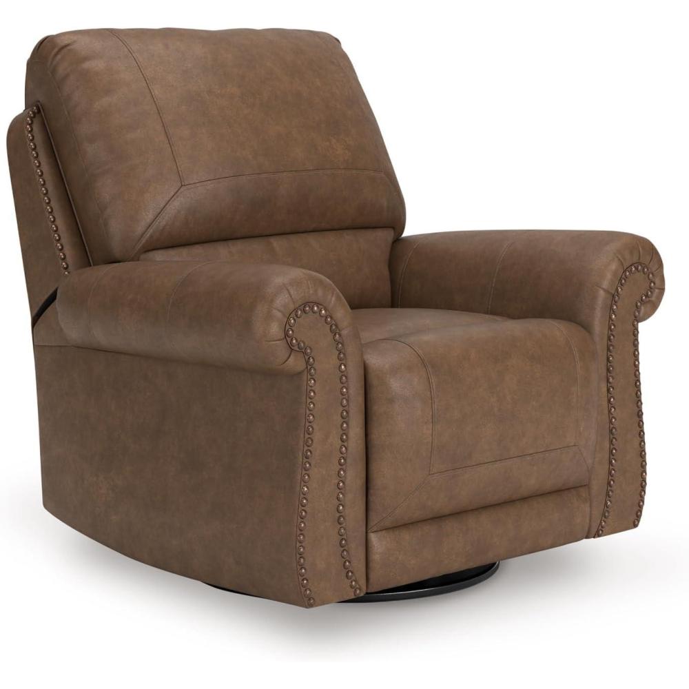 imageSignature Design by Ashley Shadsburne Classic Faux Leather Manual Rocker Swivel Glider Recliner with Nailhead Trim BrownEarth