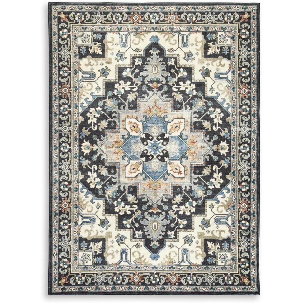 imageSignature Design by Ashley Leningston Classic Indoor Non Slip Medallion 5 x 7 Washable Rug Blue amp Black5 x 7 Rectangular