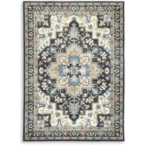 Signature Design by Ashley Leningston Classic Indoor Non Slip Medallion 5 x 7 Washable Rug, Blue & Black(5′ x 7′ (Rectangular))