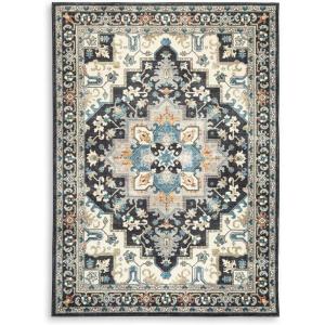 Signature Design by Ashley Leningston Classic Indoor Non Slip Medallion 5 x 7 Washable Rug, Blue & Black(8’1″ x 10’1″ (Rectangular))