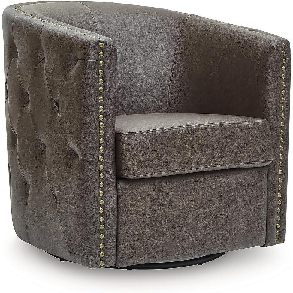 imageSignature Design by Ashley Brentlow Faux Leather 360Degree Swivel Accent Chair Button Tufted with Nailhead Trim Dark Brown