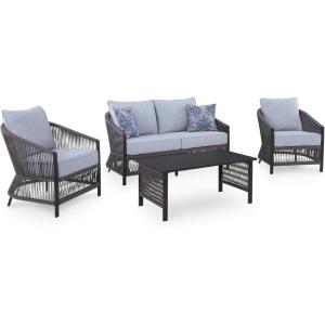 Signature Design by Ashley Bodega Island Contemporary Weather Resistant Outdoor Loveseat/Chairs/Table Set with 2 Accent Pillows, Set of 4, Light Gray