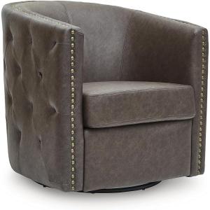 Signature Design by Ashley Brentlow Faux Leather 360-Degree Swivel Accent Chair, Button Tufted with Nailhead Trim, Dark Brown