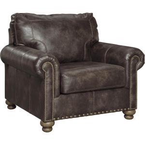 Signature Design by Ashley Nicorvo Traditional Faux Leather Chair with Gold Nailhead Trim, Brown
