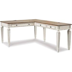 Signature Design by Ashley Realyn Cottage L-Shaped Distressed 2-Piece Home Office Desk with Power Supply and USB Ports, White & Light Brown(White & Brown)