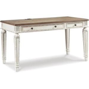 Signature Design by Ashley Realyn Cottage L-Shaped Distressed 2-Piece Home Office Desk with Power Supply and USB Ports, White & Light Brown(White/Brown)