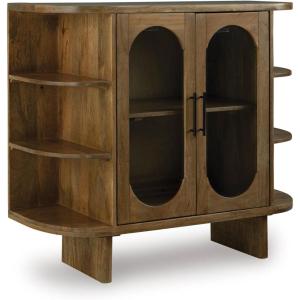 Signature Design by Ashley Niall Transitional Accent Cabinet with 2 Glass Inserted Doors and 7 Shelves, Light Brown